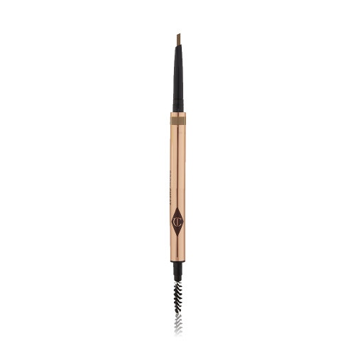 An open, double-ended eyebrow pencil and spoolie brush duo in a taupe shade with gold-coloured packaging 