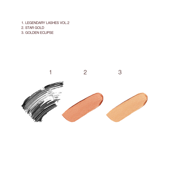 Gorgeous Glowing Eye Secrets swatches Swatches of black mascara and two cream eyeshadows in rose gold and warm gold shades.