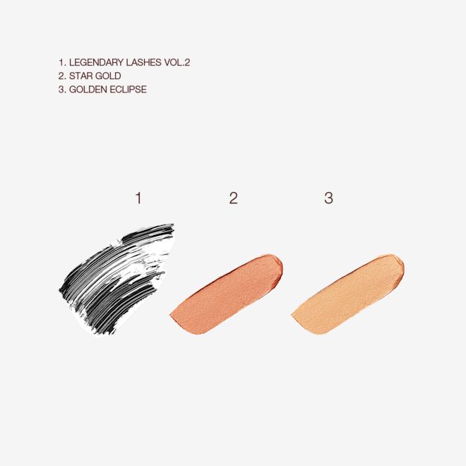 Gorgeous Glowing Eye Secrets swatches Swatches of black mascara and two cream eyeshadows in rose gold and warm gold shades.