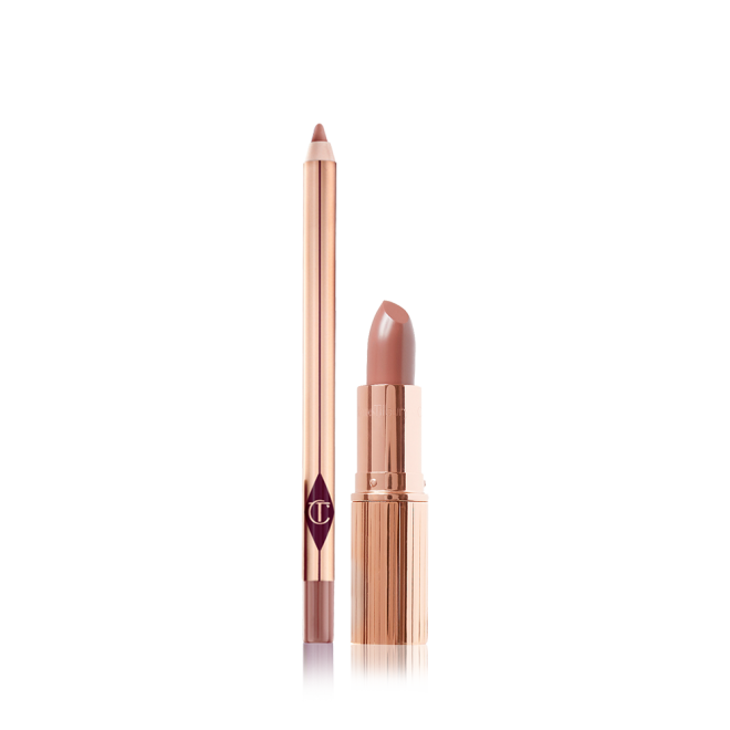 An open lip liner pencil and an open lipstick in a cool nude-beige shade.