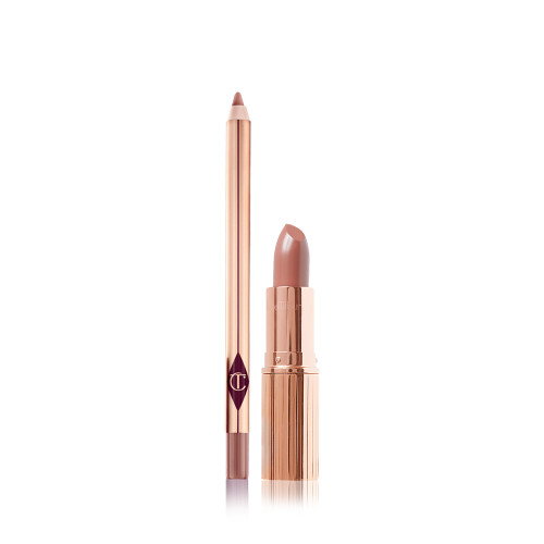 An open lip liner pencil and an open lipstick in a cool nude-beige shade.