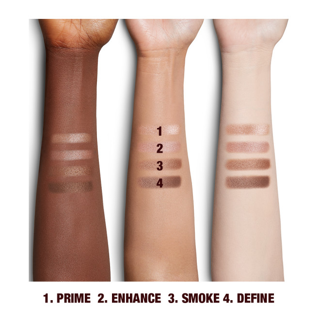 Fair, medium, and deep-tone arms with four shimmery and matte eyeshadows in pink champagne, metallic blush pink, mink brown and antiqued brown colours. 