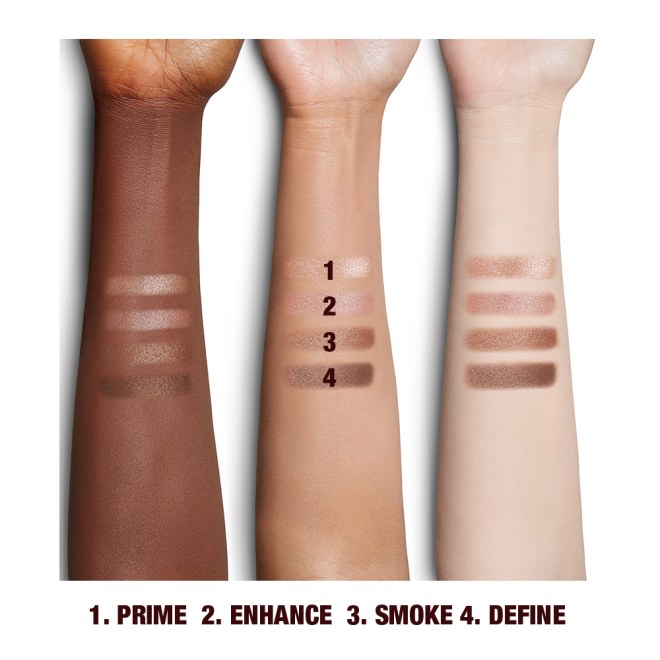 Fair, medium, and deep-tone arms with four shimmery and matte eyeshadows in pink champagne, metallic blush pink, mink brown and antiqued brown colours. 