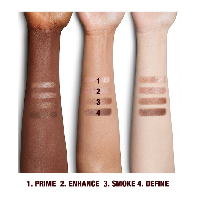 Hollywood Flawless Eye Filters in Star Aura arm swatches Fair, medium, and deep-tone arms with four shimmery and matte eyeshadows in pink champagne, metallic blush pink, mink brown and antiqued brown colours.