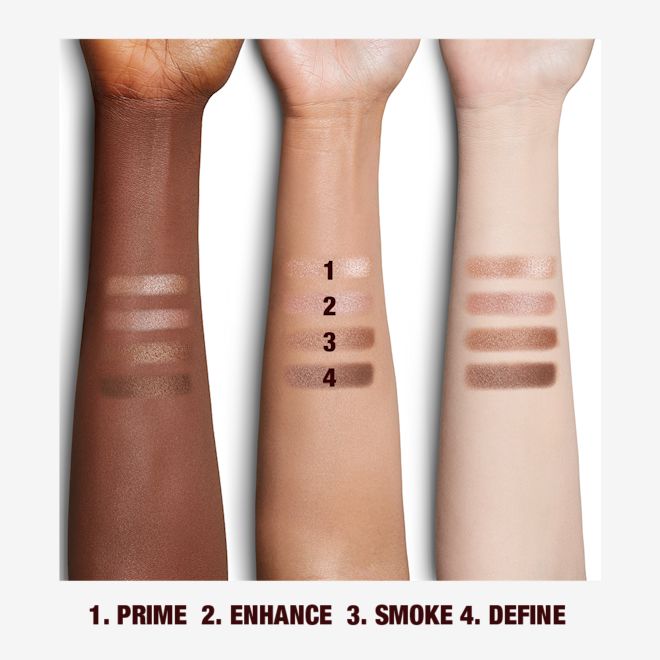 Hollywood Flawless Eye Filters in Star Aura arm swatches Fair, medium, and deep-tone arms with four shimmery and matte eyeshadows in pink champagne, metallic blush pink, mink brown and antiqued brown colours.