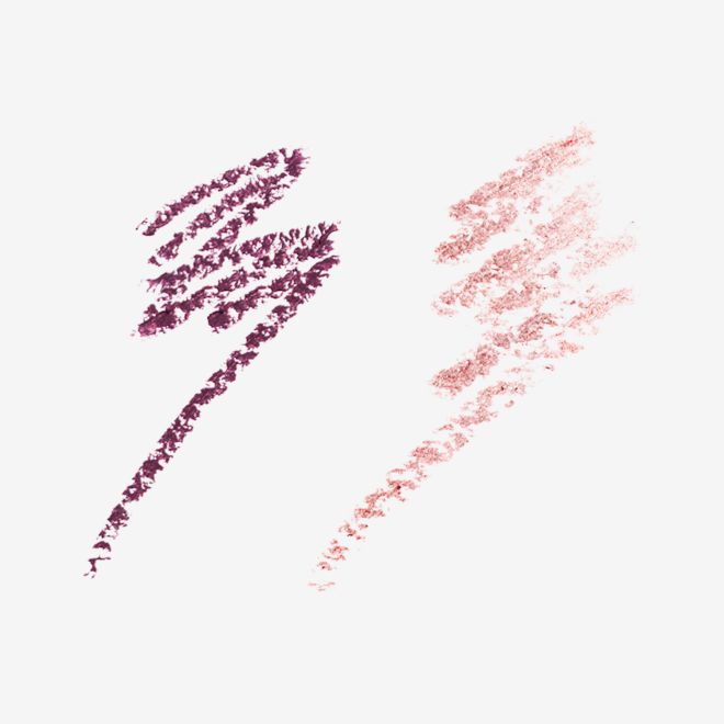 Eye Colour Magic Liner Duo in Mesmerising Maroon swatches Swatches of two matte and metallic eyeliners in light maroon and violet colours.