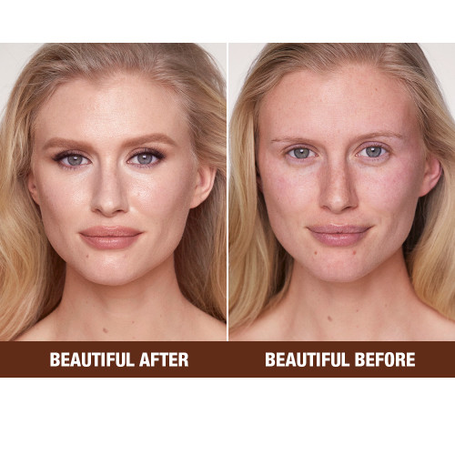 Before and after of a fair-tone blonde model with nude makeup and shiny skin before and matte, glowing skin after, after using a pressed powder in fair shade.