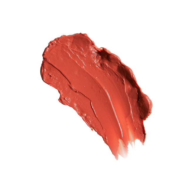 Swatch of glossy soft coral lipstick lip balm.