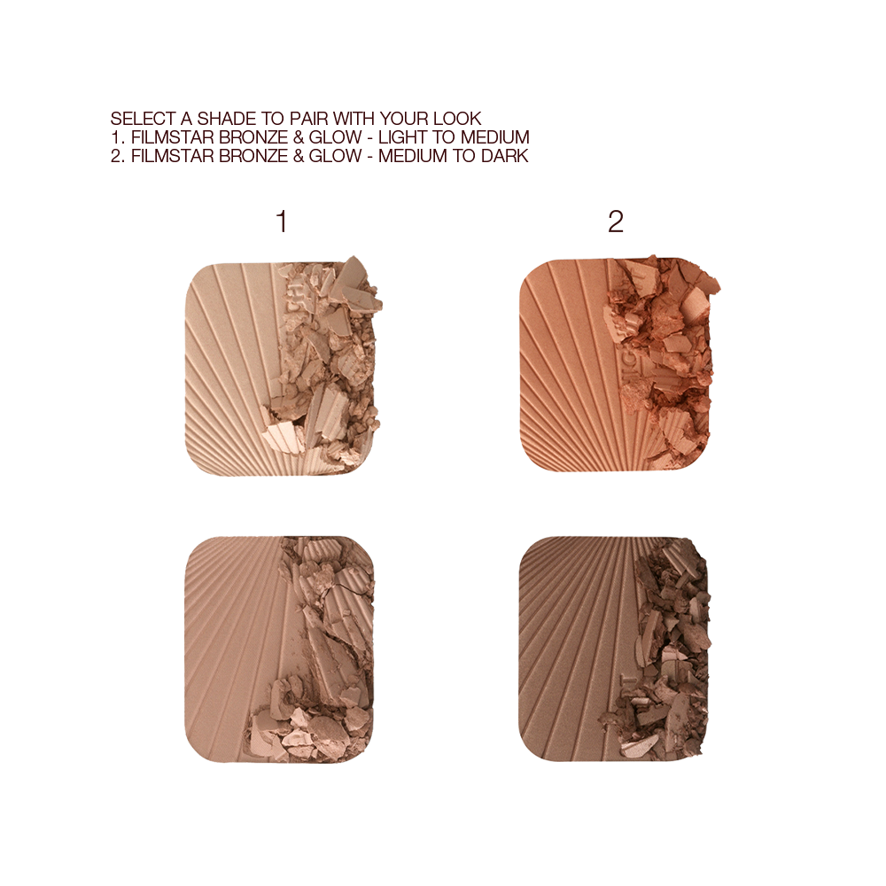 Swatches of two, glowy, duo powder contour palettes for light to medium skin tones and for medium tp dark skin tones. 