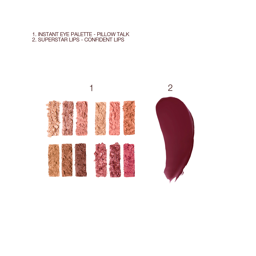 Swatches of a twelve-pan eyeshadow palette with matte and shimmery shades of pink, brown, peach, and gold and swatch of a berry glossy lipstick.