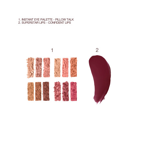 Swatches of a twelve-pan eyeshadow palette with matte and shimmery shades of pink, brown, peach, and gold and swatch of a berry glossy lipstick.
