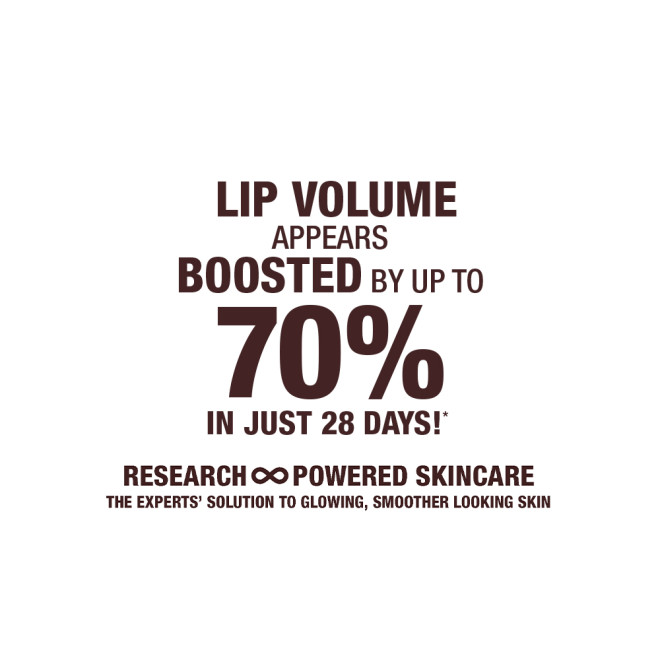 White-coloured banner with text that reads, 'lip volume appears boosted by up to 70% in just 2 days! Research-powered skincare. The experts' solution to glowing, smoother looking skin.'
