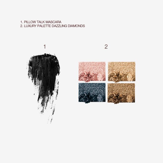 Party Eye Kit swatches Swatches of black mascara with four shimmery eyeshadow swatches in shades of nude pink, gold, bronze gold, and teal.