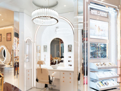 Close-up of the skincare section of a Charlotte Tilbury store.