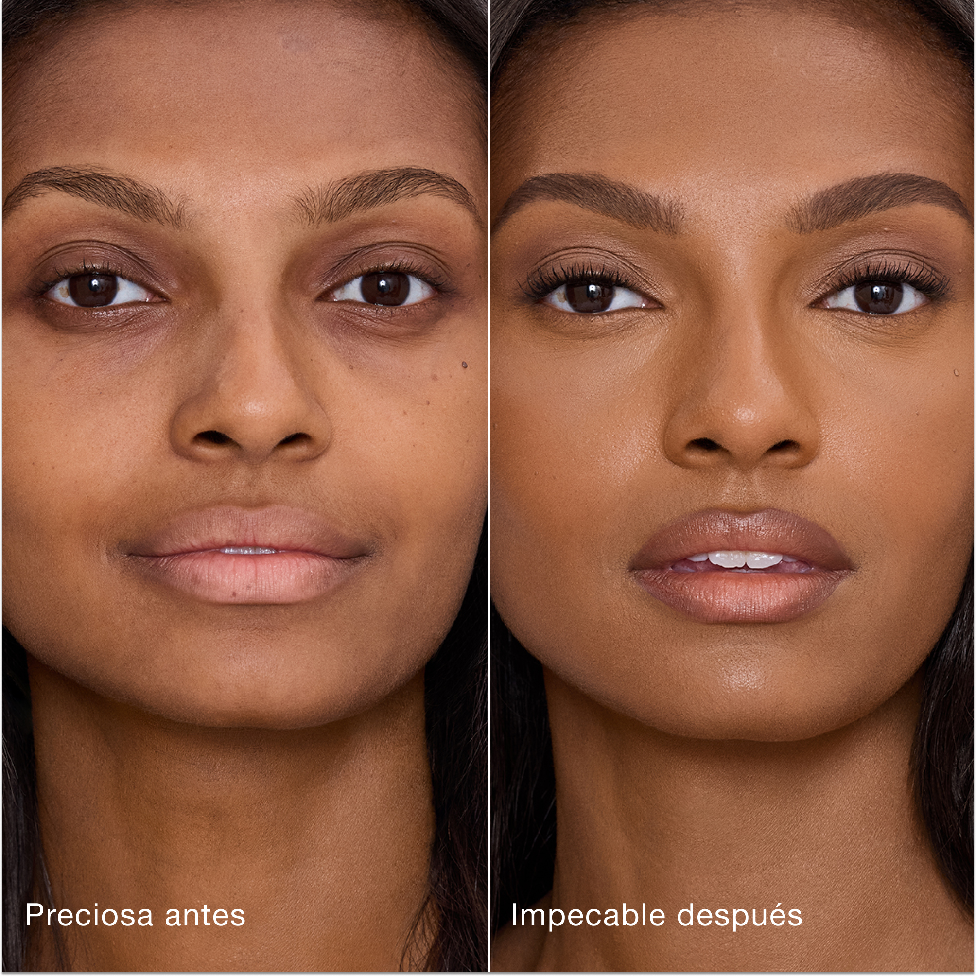 Comparación paralela que muestra la piel antes y después de aplicar el corrector Charlotte Tilbury Airbrush Flawless Concealer con las etiquetas de texto «Preciosa antes» y «Perfecta después».
