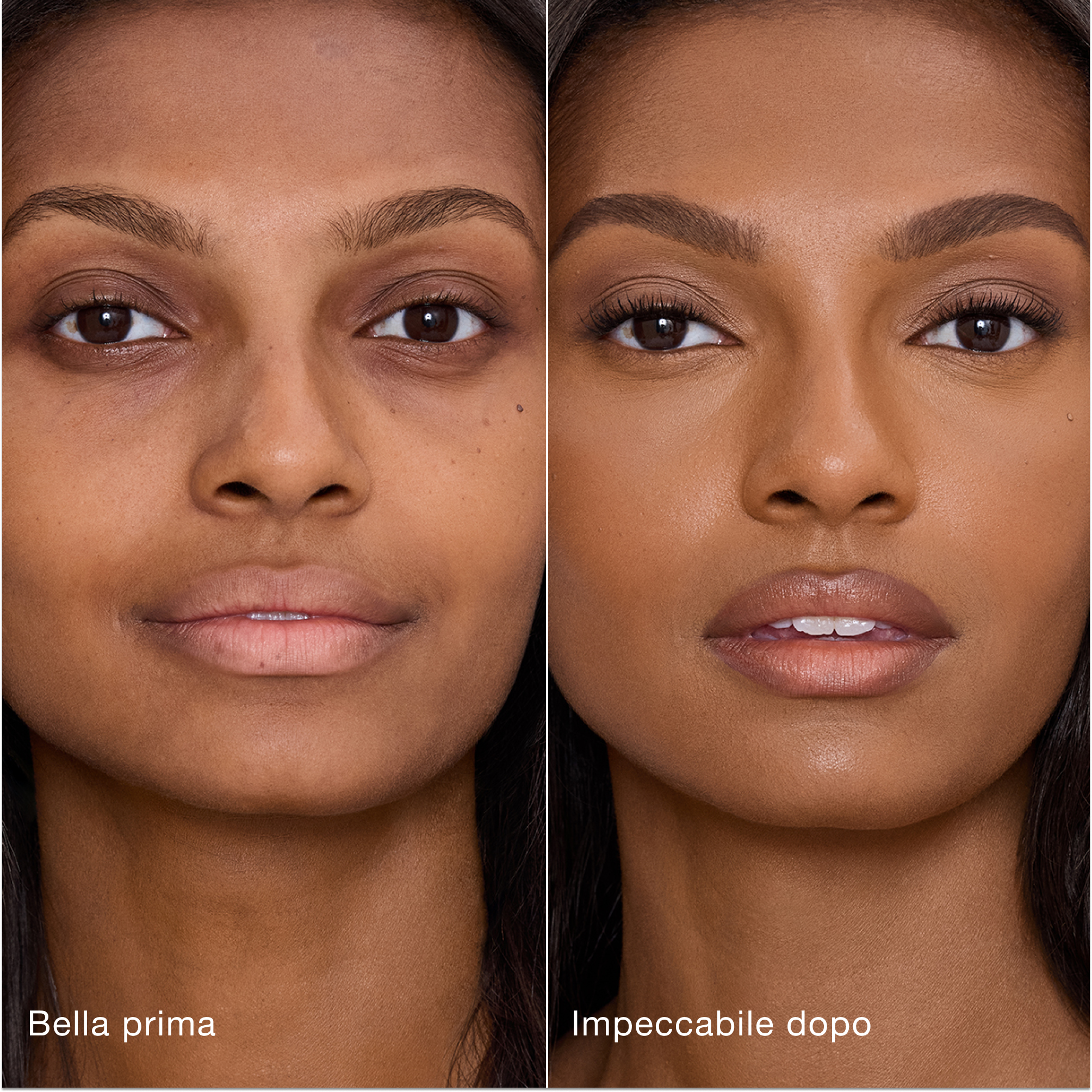 Confronto affiancato che mostra la pelle prima e dopo aver applicato il correttore Airbrush Flawless di Charlotte Tilbury, con le etichette di testo "Bella prima" e "Impeccabile dopo".
