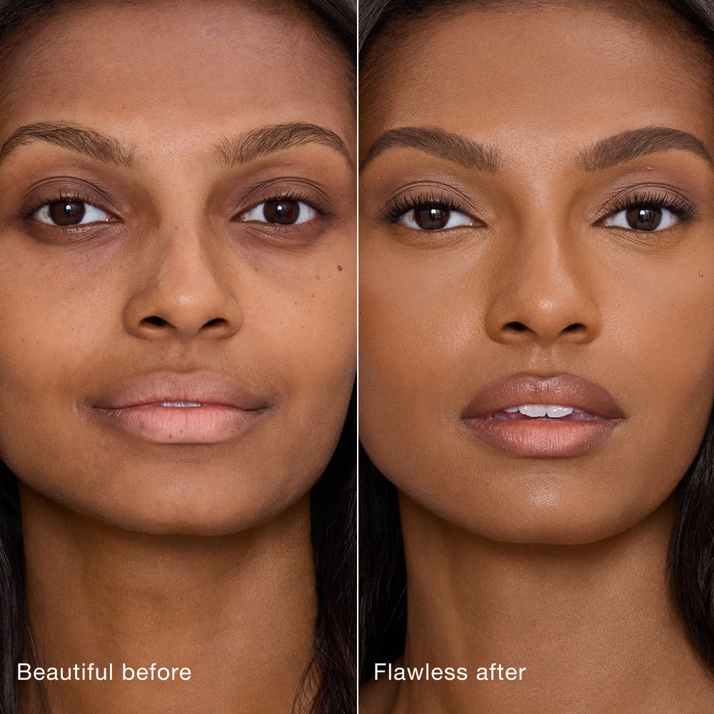 Side-by-side comparison showing skin before and after applying Charlotte Tilbury Airbrush Flawless Concealer, with text labels 'Beautiful before' and 'Flawless after'.
