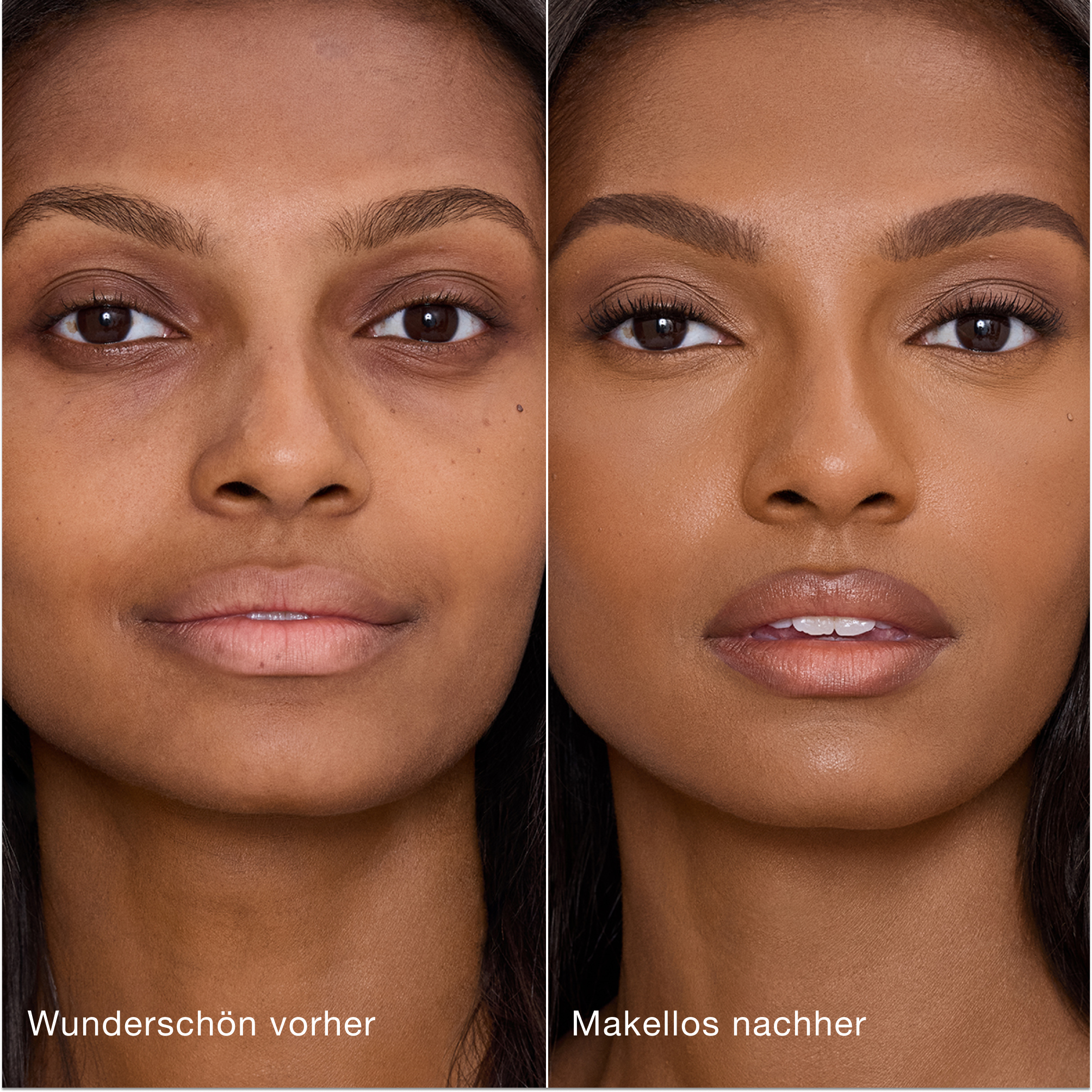 Ein direkter Vergleich zeigt die Haut vor und nach dem Auftragen des Charlotte Tilbury Airbrush Flawless Concealers mit den Beschriftungen „Wunderschön vorher“ und „Makellos nachher“.
