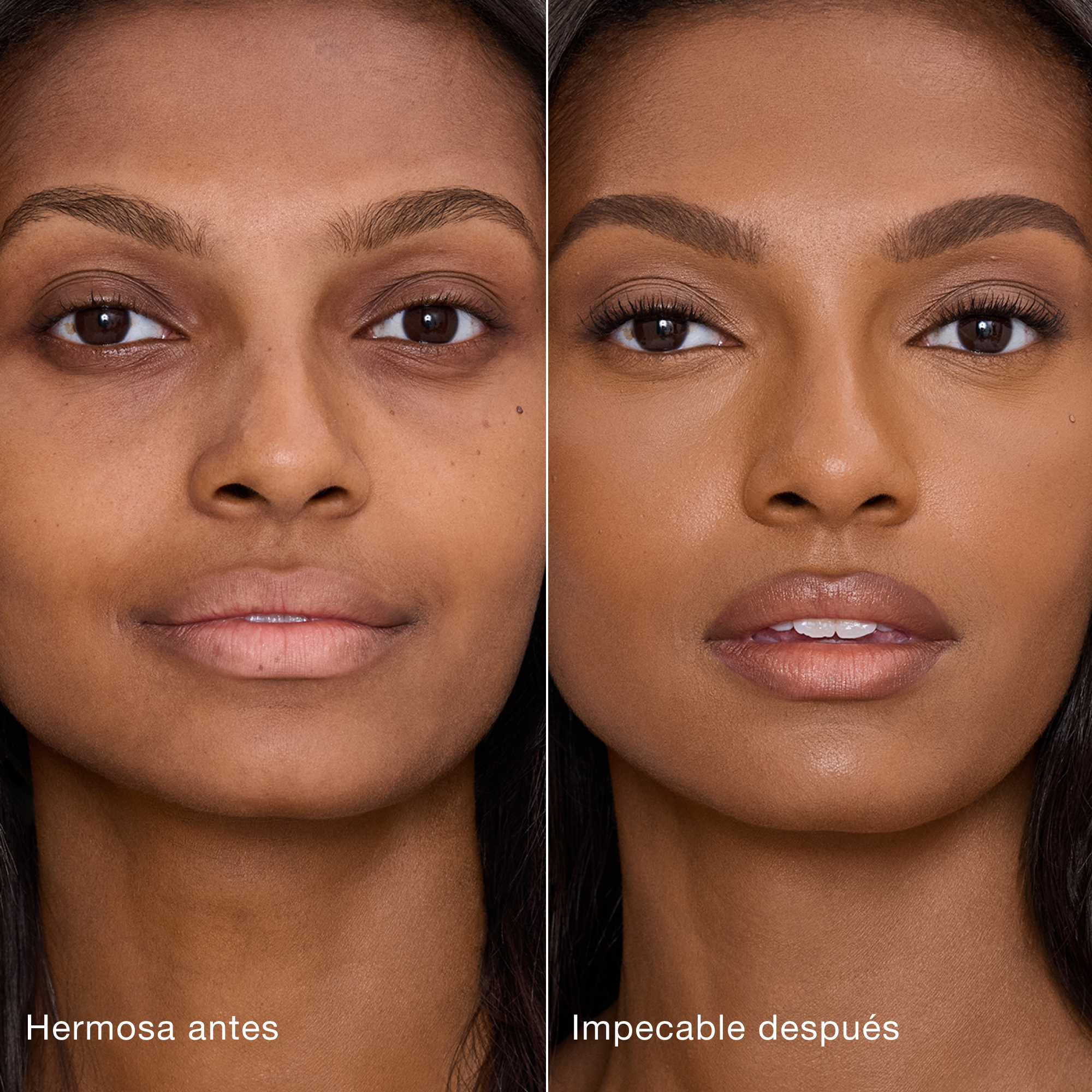 Comparación paralela que muestra la piel antes y después de aplicar el corrector Charlotte Tilbury Airbrush Flawless Concealer con las etiquetas de texto "Preciosa antes", "Impecable después".
