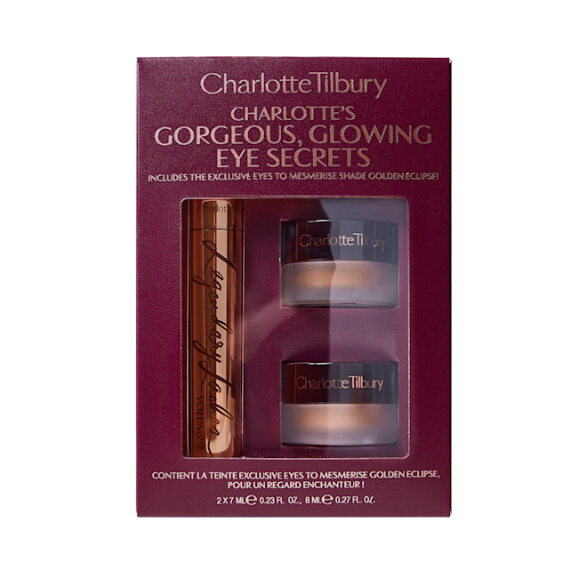 Gorgeous Glowing Eye Secrets packed Maroon-coloured gift box with two eyeshadow pots with cream eyeshadows in different shades of gold along with black mascara in a gold-coloured tube.