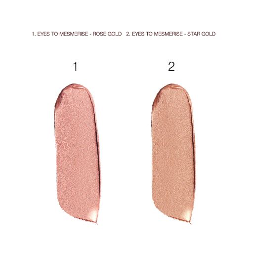 Swatches of two cream, shimmery eyeshadows in rose gold and tawny-gold colours. 