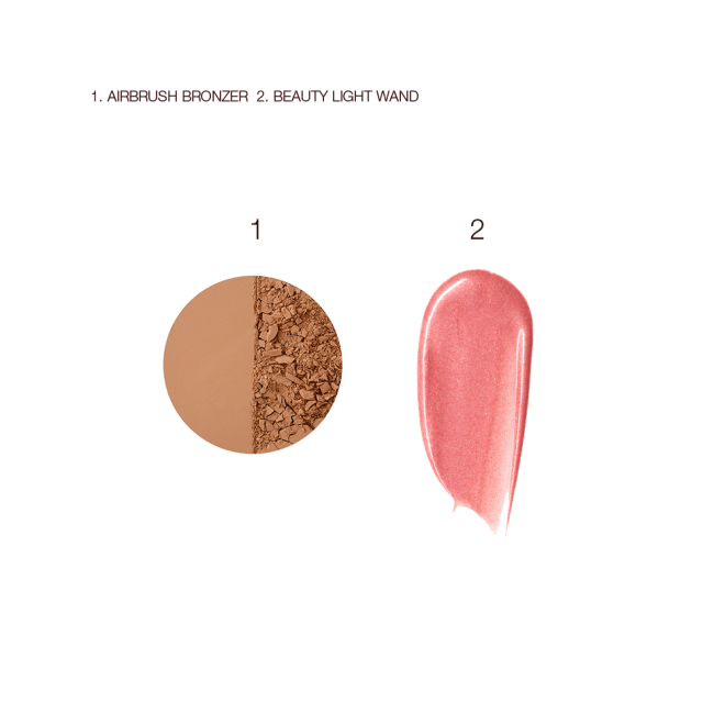 Swatches of a medium-brown powder bronzer and liquid highlighter blush in a rose-pink shade. 