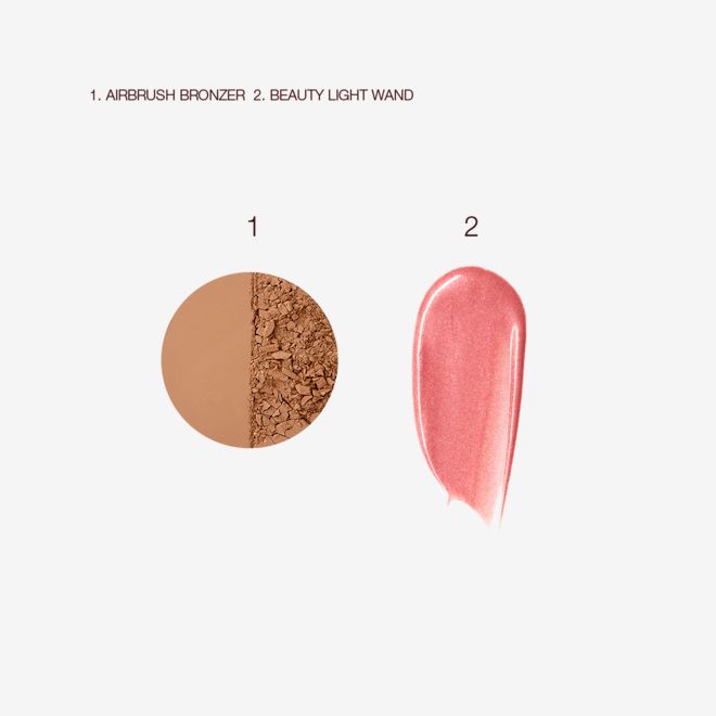 Airbrush Bronzer and Beauty Light Wand swatches Swatches of a medium-brown powder bronzer and liquid highlighter blush in a rose-pink shade.