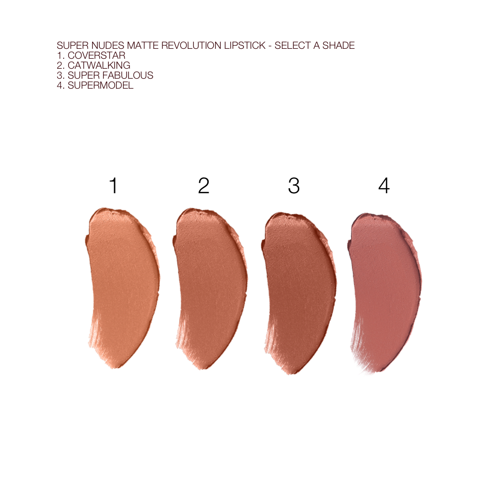 Swatches of four matte lipsticks in shades of nude peach, nude brown-peach, nude chocolate brown, and nude pinky brown. 