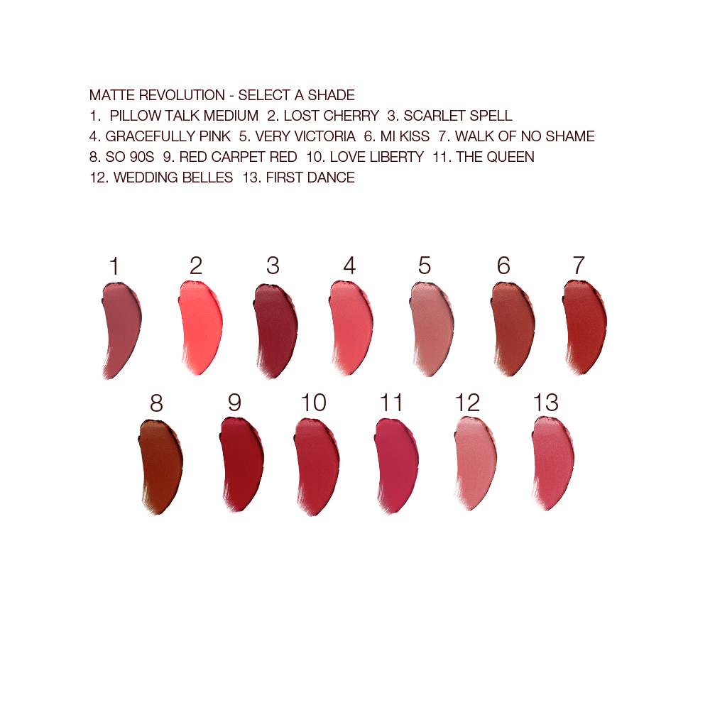 Swatches of thirteen lipsticks with a matte finish in shades of red, brown, orange, pink, and purple. 