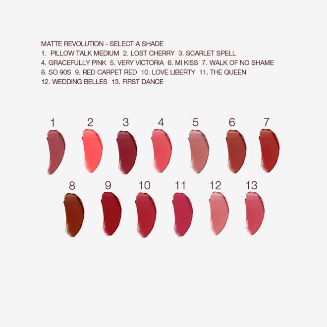 Matte Revolution collection swatches Swatches of thirteen lipsticks with a matte finish in shades of red, brown, orange, pink, and purple.