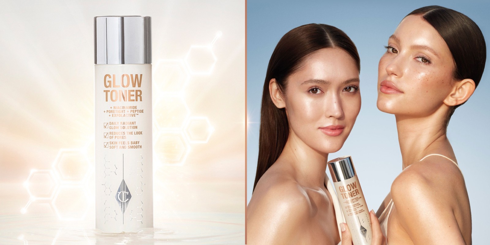 Banner with a glowy toner in a large, white-coloured bottle with a silver-coloured lid and models with glowy skin applying that toner.