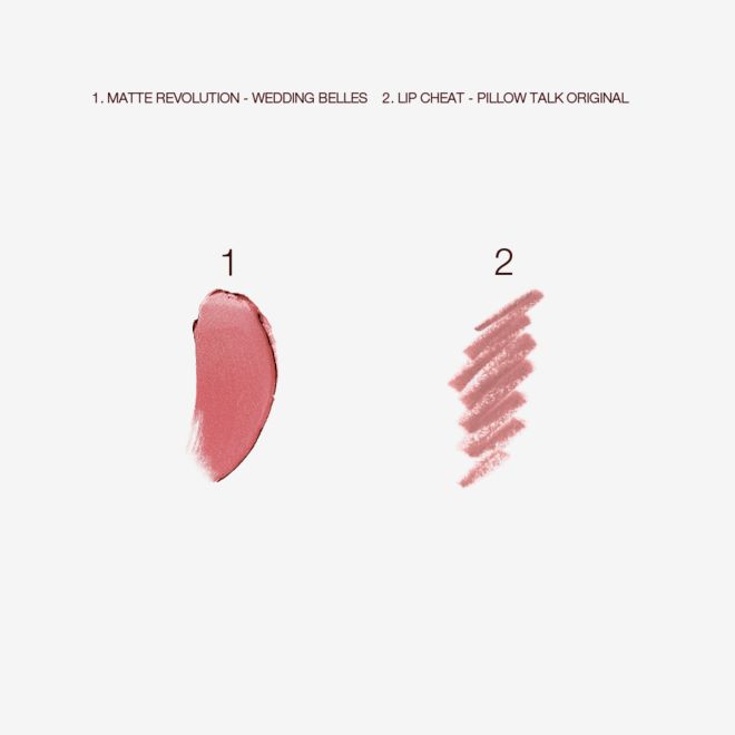 Luscious Lip Slick in Wedding Belles swatch Swatch of a warm-pink lipstick and nude pink lip liner.