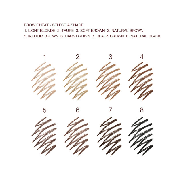 Swatches of eyebrow pencils in shades of light blonde, taupe, soft brown, natural brown, medium brown, dark brown, black brown, dark brown, and jet black.