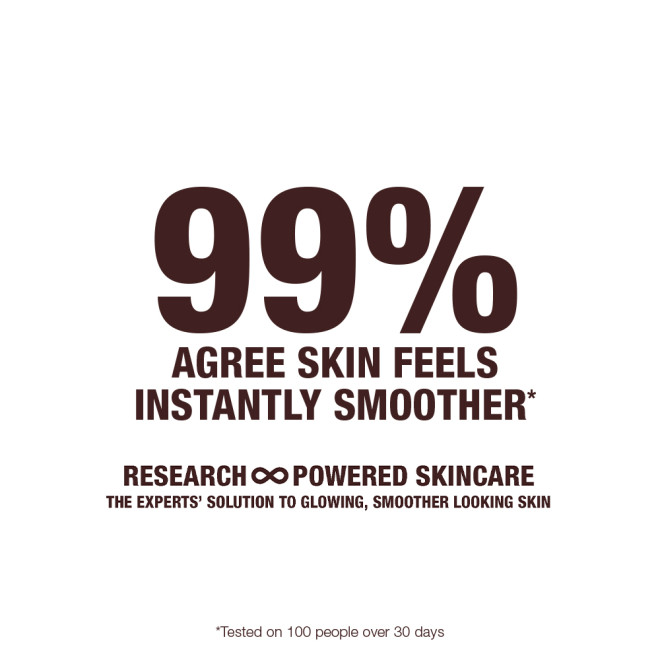 White-coloured banner with text that reads, '99% agree skin felt instantly smoother. Research-powered skincare. The experts' solution to glowing, smoother looking skin.