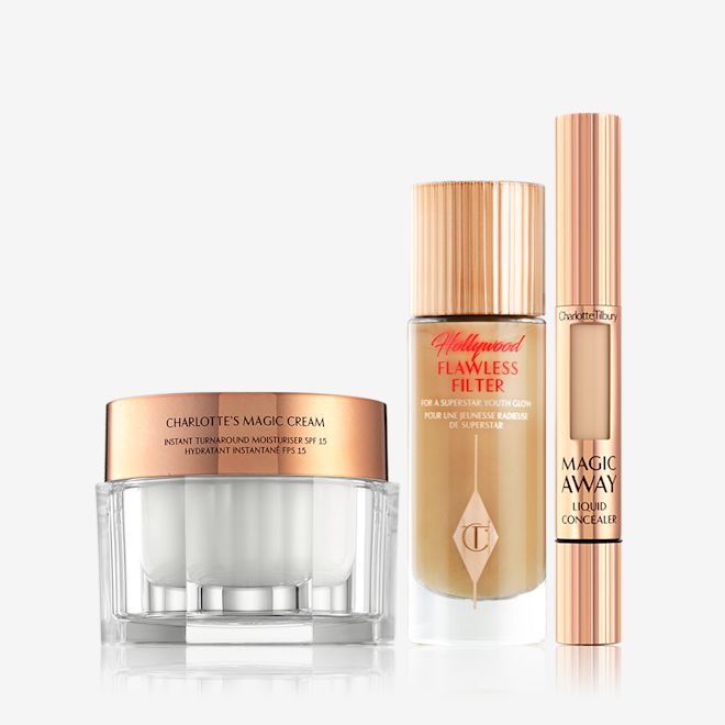 Fresh Radiance Kit displayed Pealry-white face cream in a glass jar with gold-coloured lid, foundation in a frosted glass bottle with a gold-coloured lid, and creamy concealer in a gold-coloured tube.