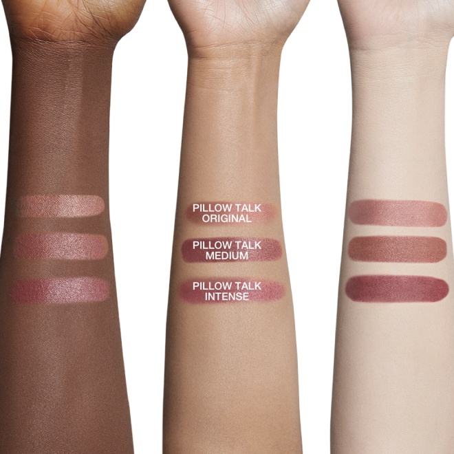 Deep-tone, tan, and fair-tone arms with swatches of three matte lipsticks in nude pink, brown-pink, and dark berry-pink.