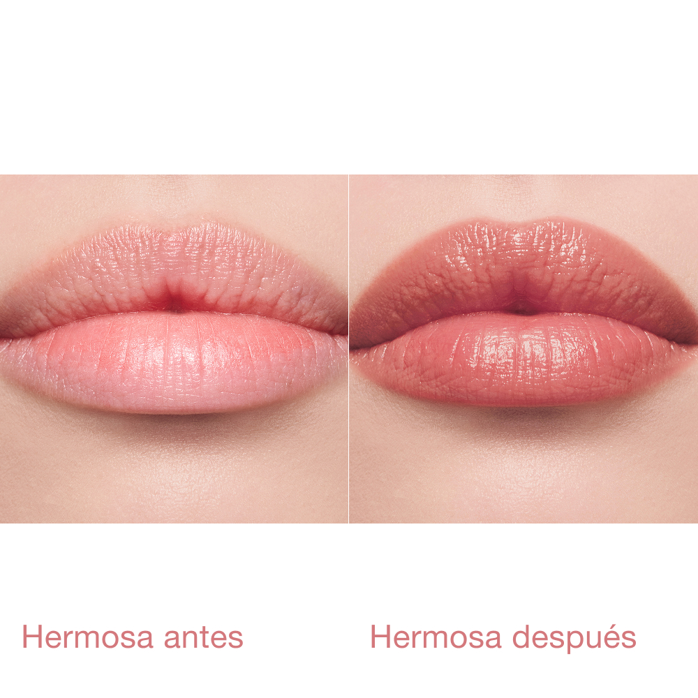 Pillow Talk Blush Balm Lip Tint - Modelo antes y después con Pillow Talk