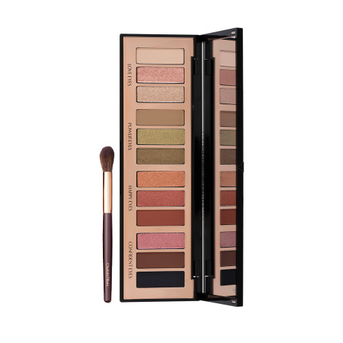 Eyeshadow blending brush in a dark brown and gold colour scheme with an open, 12-pan eyeshadow palette with a mirrored-lid with pink, gold, green orange, red, brown, black, and beige shades to create different smokey eye looks.