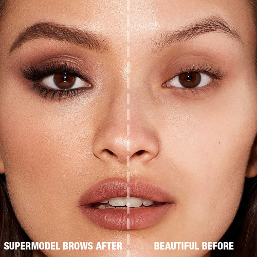 Before and after of a light-tone model with brown eyes with bare brows on one side and thick, filled, and lined eyebrows on the other side after applying a medium-brown-coloured eyebrow pencil.