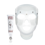A white-coloured face mask with tiny holes all over the forehead and cheeks area, and large eye, nose, and mouth holes so the mask can comfortably sit on any face size or shape and an open white-coloured eye serum tube with silver-colour geometric patterns on the front and text written on it that reads, 'eye appear depuffed and brighter with Iceawake, caffeine complex'