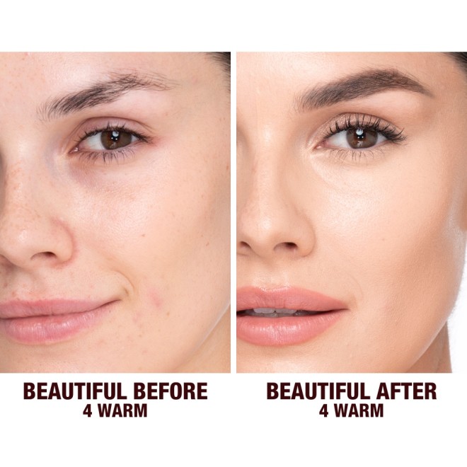 Before and after shots of a light-tone model without any makeup and then wearing glowy, flawless skin, wearing skin-like foundation that adds a youthful glow and looks natural along with nude pink lipstick and subtle everyday eye makeup.