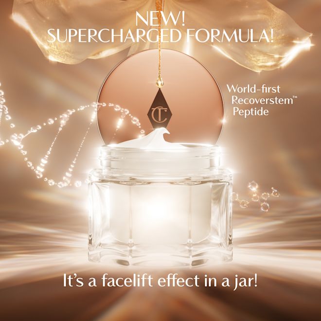 Magic Cream infographic - NEW! Supercharged formula A luxurious open jar of cream with a glowing, golden background. The product lid, featuring the Charlotte Tilbury logo, hangs above the jar as a swirl of cream peaks from the top. Text on the image highlights the ‘New! Supercharged Formula’ with a ‘world‑first Recoverstem Peptide,’ and a claim that 4 out of 5 users agree it feels like ‘a facelift in a jar.