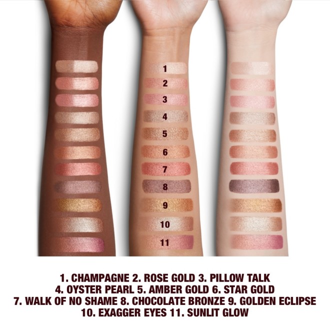 Fair, tan, and deep-tone arms with swatches of eleven cream eyeshadows in champagne-bronze, oyster-gold, bronze-gold, grey-brown, rose gold, russet rose, sunrise copper, brown-bronze, beige-champagne, light gold, and amber gold. 