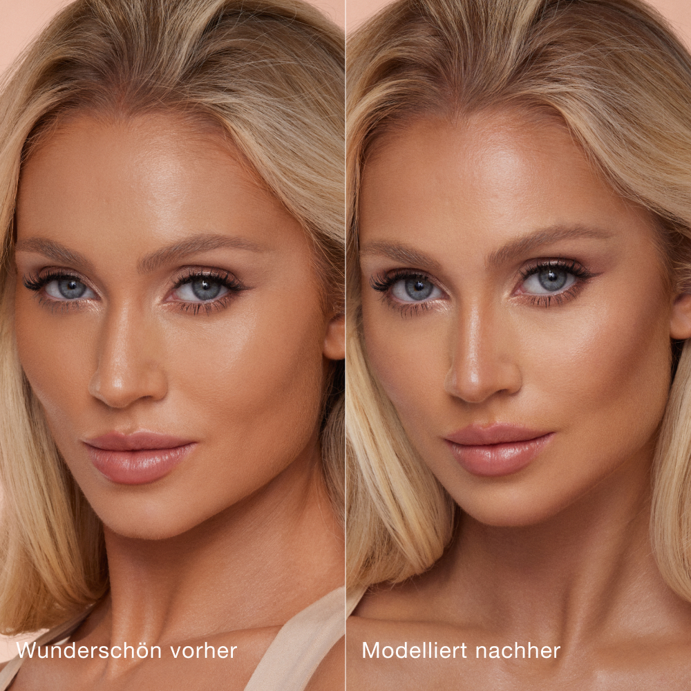 Side-by-side comparison of a person's face before and after makeup application. Left side labeled 'Beautiful before' shows natural features; right side labeled 'Sculpted after' shows enhanced contouring and highlighting for a more defined look.