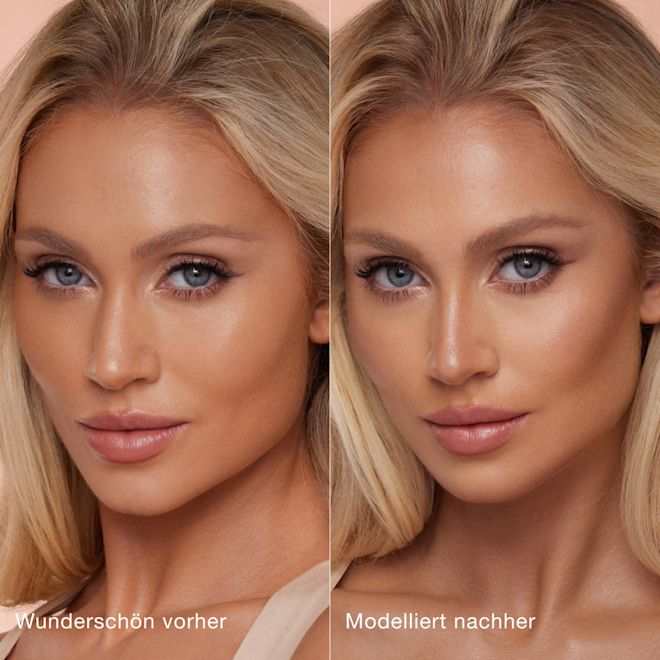 DE Contour Wand B&A Medium 1000x1000 Side-by-side comparison of a person's face before and after makeup application. Left side labeled 'Beautiful before' shows natural features; right side labeled 'Sculpted after' shows enhanced contouring and highlighting for a more defined look.