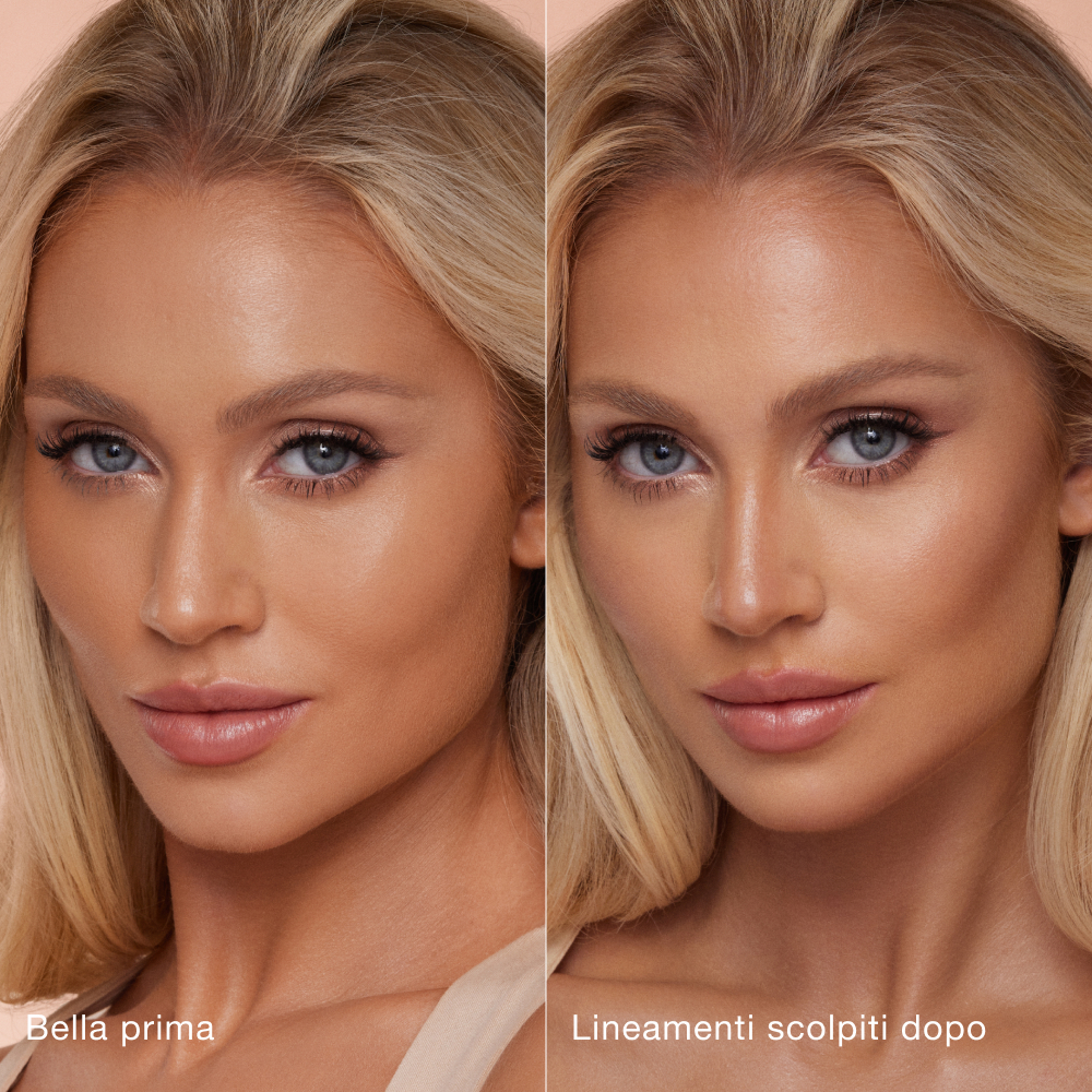 Side-by-side comparison of a person's face before and after makeup application. Left side labeled 'Beautiful before' shows natural features; right side labeled 'Sculpted after' shows enhanced contouring and highlighting for a more defined look.
