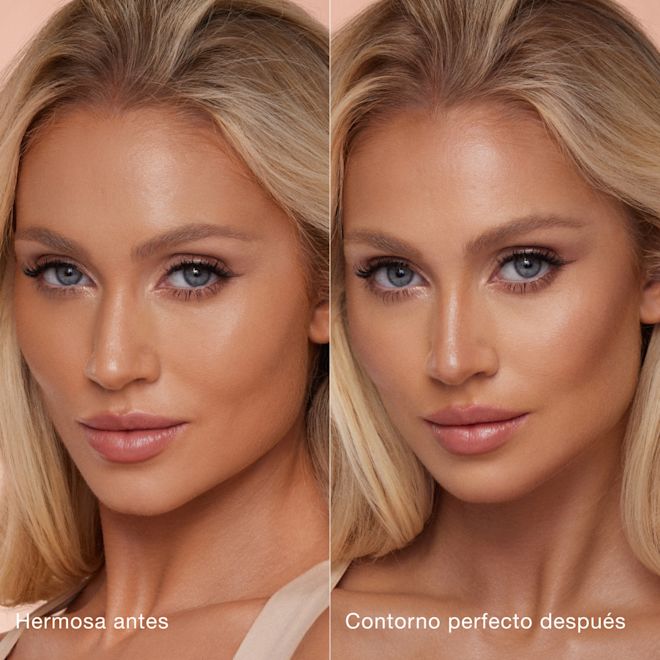 ESUS Contour Wand B&A Medium 1000x1000 Side-by-side comparison of a person's face before and after makeup application. Left side labeled 'Beautiful before' shows natural features; right side labeled 'Sculpted after' shows enhanced contouring and highlighting for a more defined look.