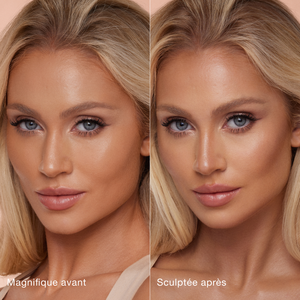 Side-by-side comparison of a person's face before and after makeup application. Left side labeled 'Beautiful before' shows natural features; right side labeled 'Sculpted after' shows enhanced contouring and highlighting for a more defined look.