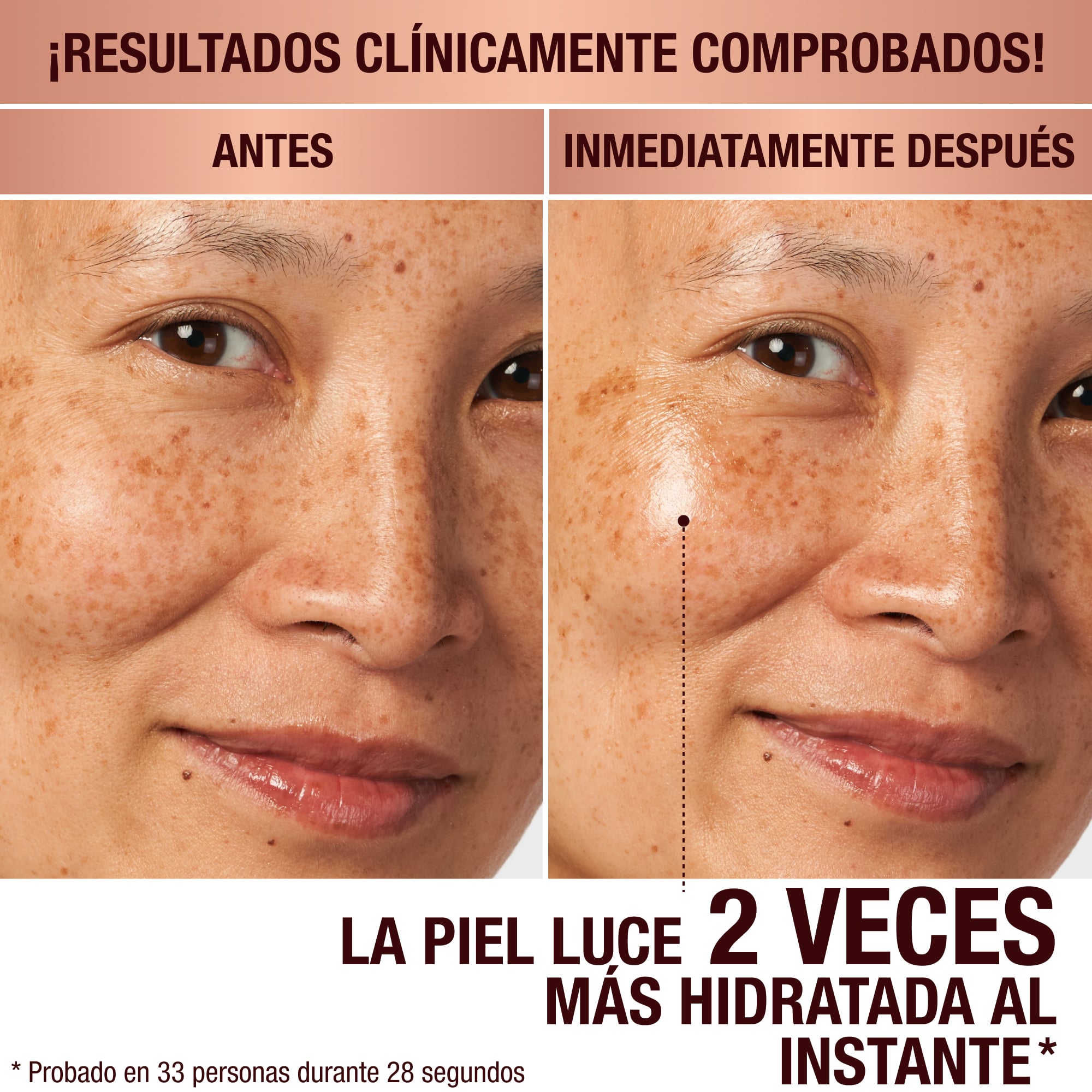 Por un lado, el antes y después de una modelo de piel clara sin ningún tipo de cuidado y, por el otro, con una crema facial luminosa que hace que su piel luzca tersa e hidratada.