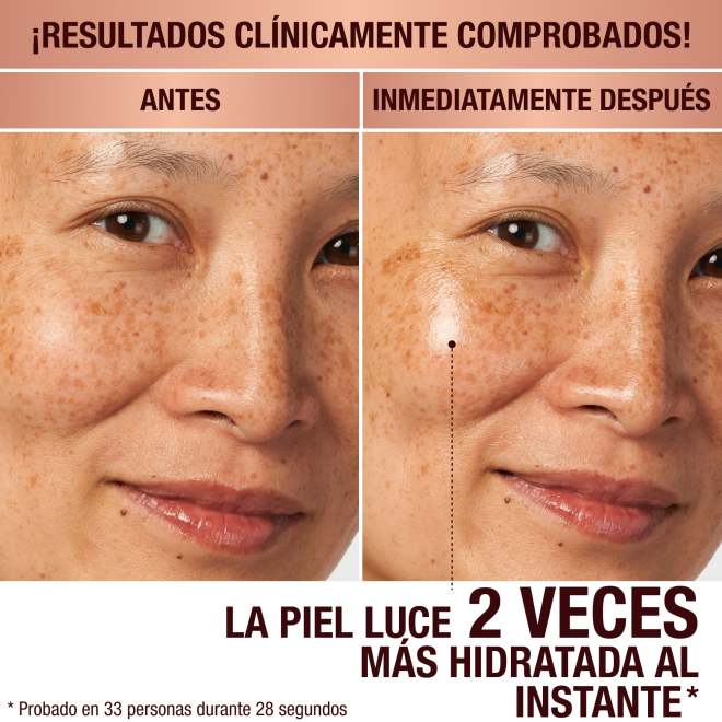 Before and after of a light-tone model without any skincare on one side and wearing glowy face cream that makes her skin look plump and hydrated on the other side.
